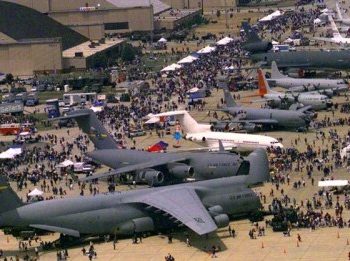 Military aircraft on display at an air show at Andrews Air Force Base in Poing Mugu, CA