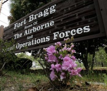 Brick welcome sign at main gate of Fort Bragg Army Base in Fayetteville, NC (ID 213)
