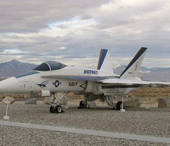 Decommissioned fighter jet on static display at NAWS China Lake Navy Base in China Lake, CA
