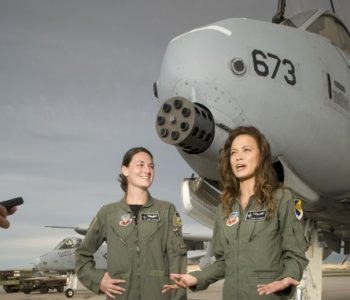 Female USAF pilots standing in front of an A-10 Warthog at Kirtland Air Force Base in Bernalillo, NM