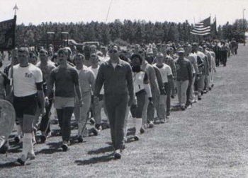 Vintage photo of civilians marching at MCLB Albany Army Base in Albany, GA