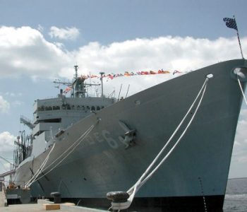 Large U.S. Navy ship docked at NWS Earle Navy Base in Colts Neck, NJ