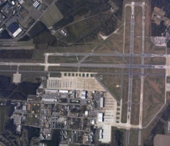 Aerial view of runway and buildings at NAS Oceana Naval Base in Virginia Beach, VA