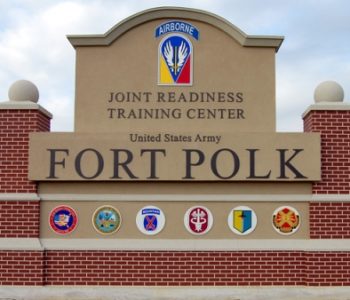 Brick welcome sign at main gate of Fort Polk Army Base in Vernon Parish, LA