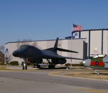 Decommissioned B-1 bomber on static display in front of a building at Robins Air Force Base in Houston, GA