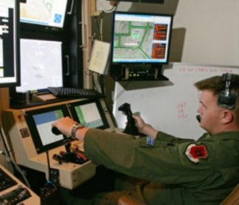 Air Force Pilot operating an unmanned aerial vehicle, or drone, from Creech Air Force Base in Indian Springs, NV