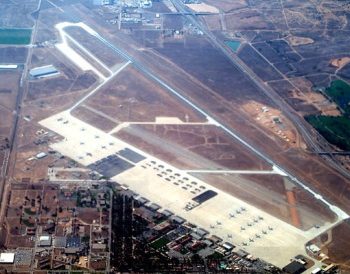 Aerial view of the runway and base at March Air Reserve Base Air Force in Riverside, CA