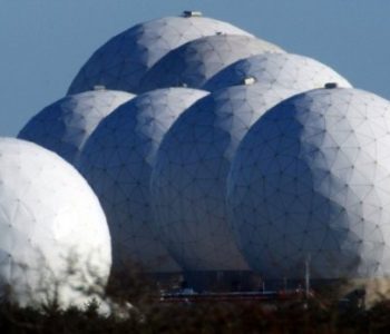 Photo with a cluster of large, spherical antennas located at RAF Menwith Hill Air Force Harrogate, United Kingdom
