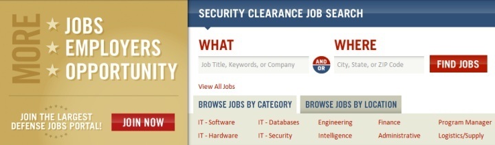 Screenshot of Security Clearance Jobs, availability, and requirements