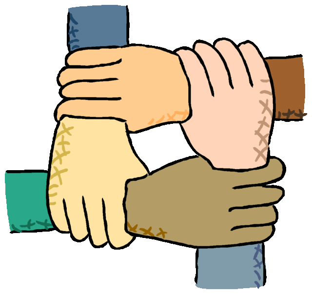 Multiculturalism vector image with four hands grasping each other in a sign of solidarity.