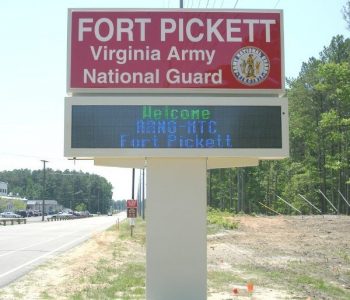Welcome sign at the main entrance of Fort Pickett Army Base in Blackstone, VA