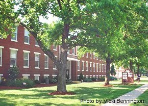 Image of brick building and trees at Camp Price Support Center Army Base in Granite City, IL