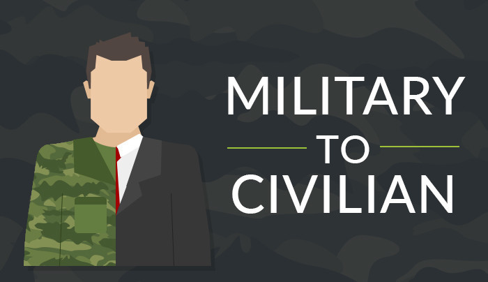 Vector image of a man in half military uniform and half civilian suit with the text, Military to Civilian