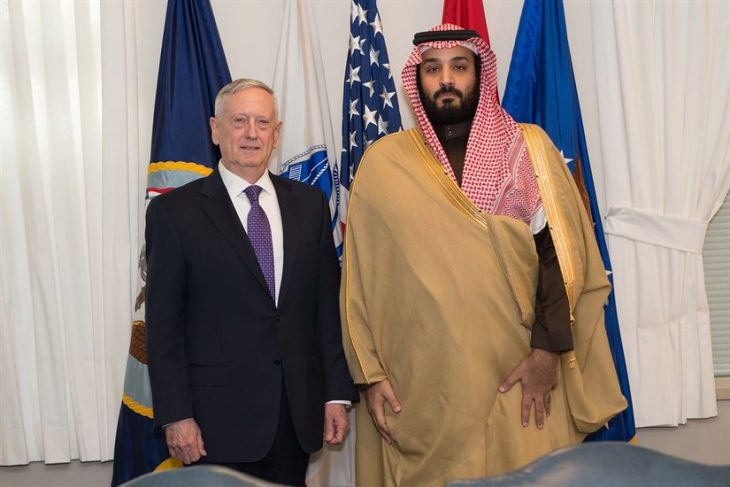 James Mattis, Mohammad Bin Salman Al Saud standing in front of flags