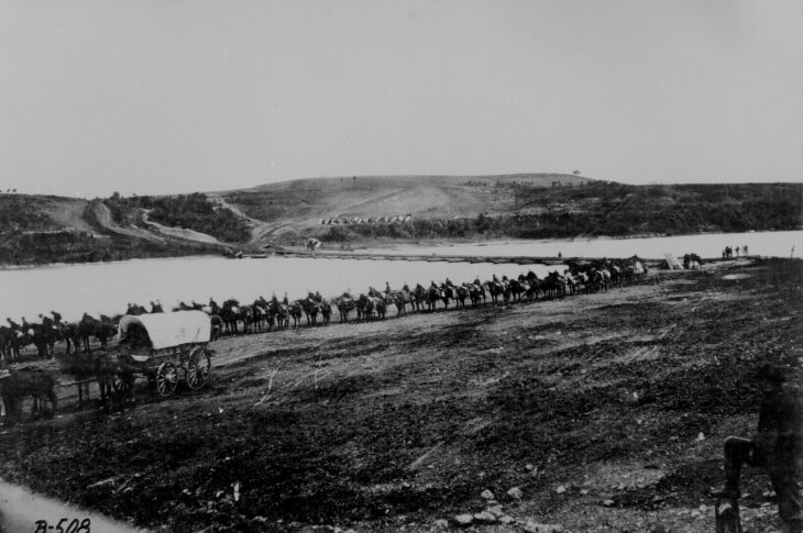 Historical photo of US Army soldiers and cavalry at Rappahannock Forge Army Base in Virginia