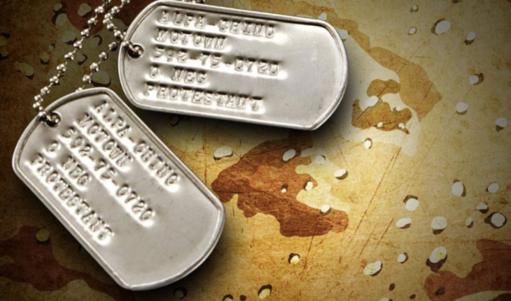 Dog tags on top of camouflage pattern.
